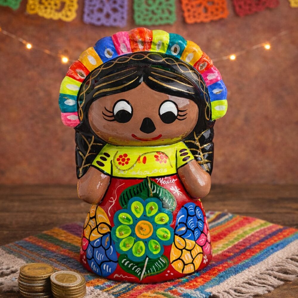 Hand Painted Mexican Folk Art Doll Coin Bank Artesania Mexico Ceramic Piggy Bank